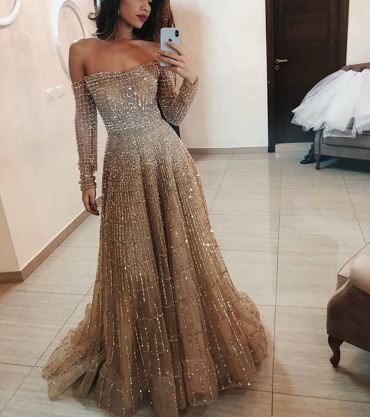 Sc2031 Internet Celebrity New Long Style 2025 Autumn and Winter Shiny One Shoulder Long Sleeved Strapless Dress