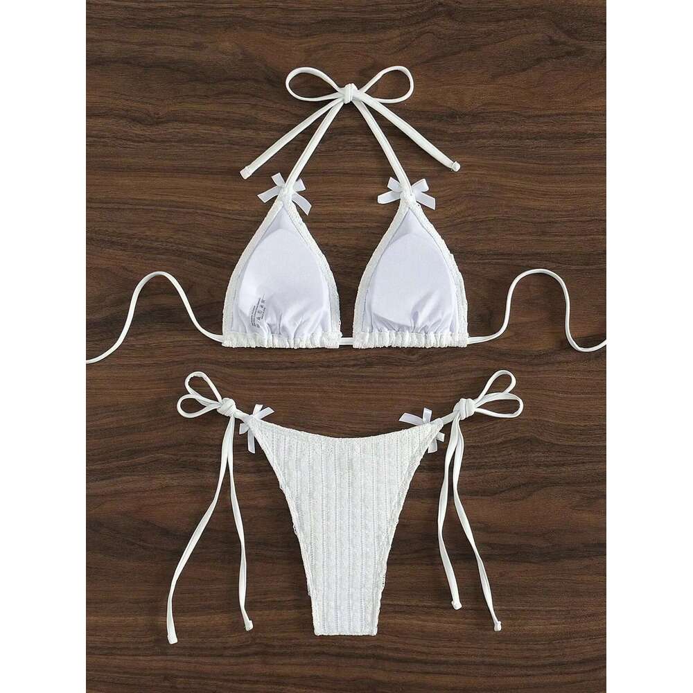 2025 New Solid Color White 2 Piece Swimsuit Sexy Bow Triangle Halter Backless Bikini Set Lace-up Thong Bathing Suit Swimwear