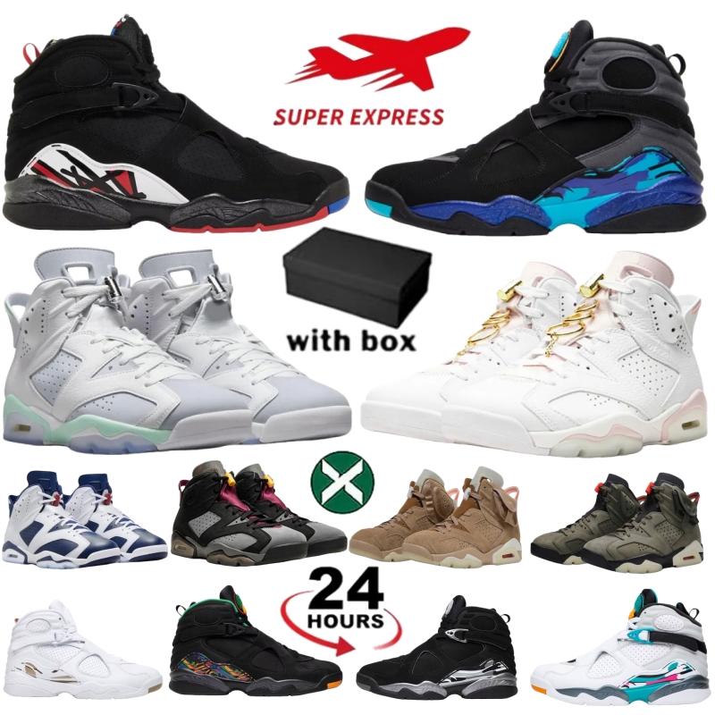 With box 8s 8 Mens Basketball Shoes 6s Playoff Aqua Chrome South Beach Black Cool Grey Reverse Oreo Toro BravoTrophy Black Samurai Raid Gunsmoke Men Sneakers Sports