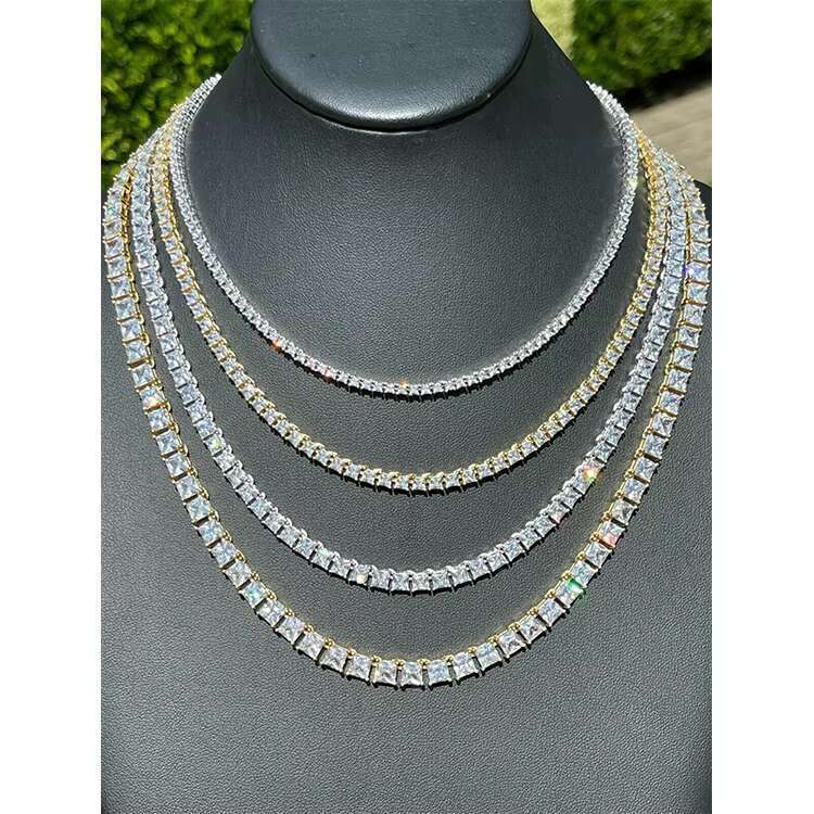 Men Hip Hop Cluster Necklace Stainless Steel Sterg Sier Tennis Moissanite Chain