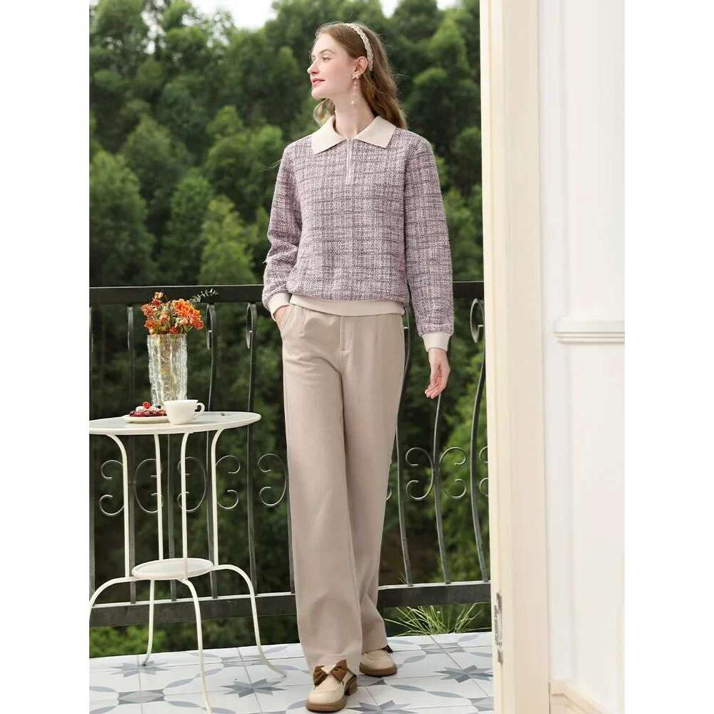 Purple Woven Lapel Long-Sleeved Pullover Sweaters Women Autumn Winter Warm Soft Zipper Casual Tops