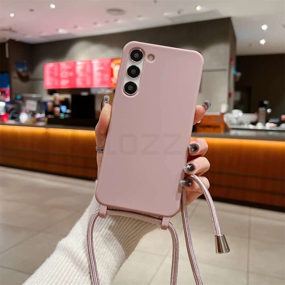 Matte Soft Silicone Crossbody Necklace Cord Strap Case For Samsung S24 S23 Ultra S22 Plus S21 S20 FE S11 S10 S9 S8 Cover