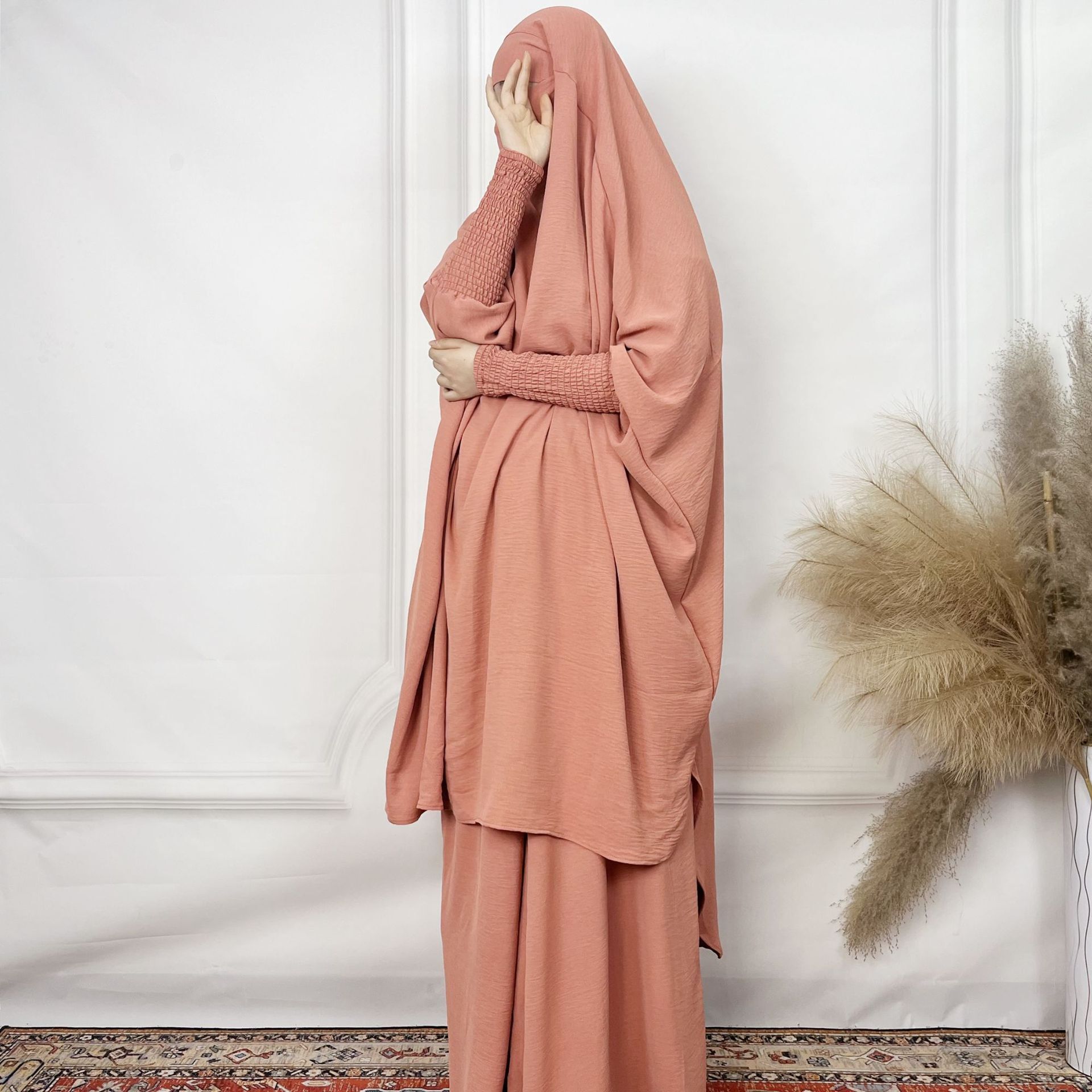 Solid Colored Long Robe With Ice Silk Wrinkled Lantern Sleeves, Loose And Comfortable Two-Piece Women's Skirt Set Abaya Maxi Dresses Islamic Clot