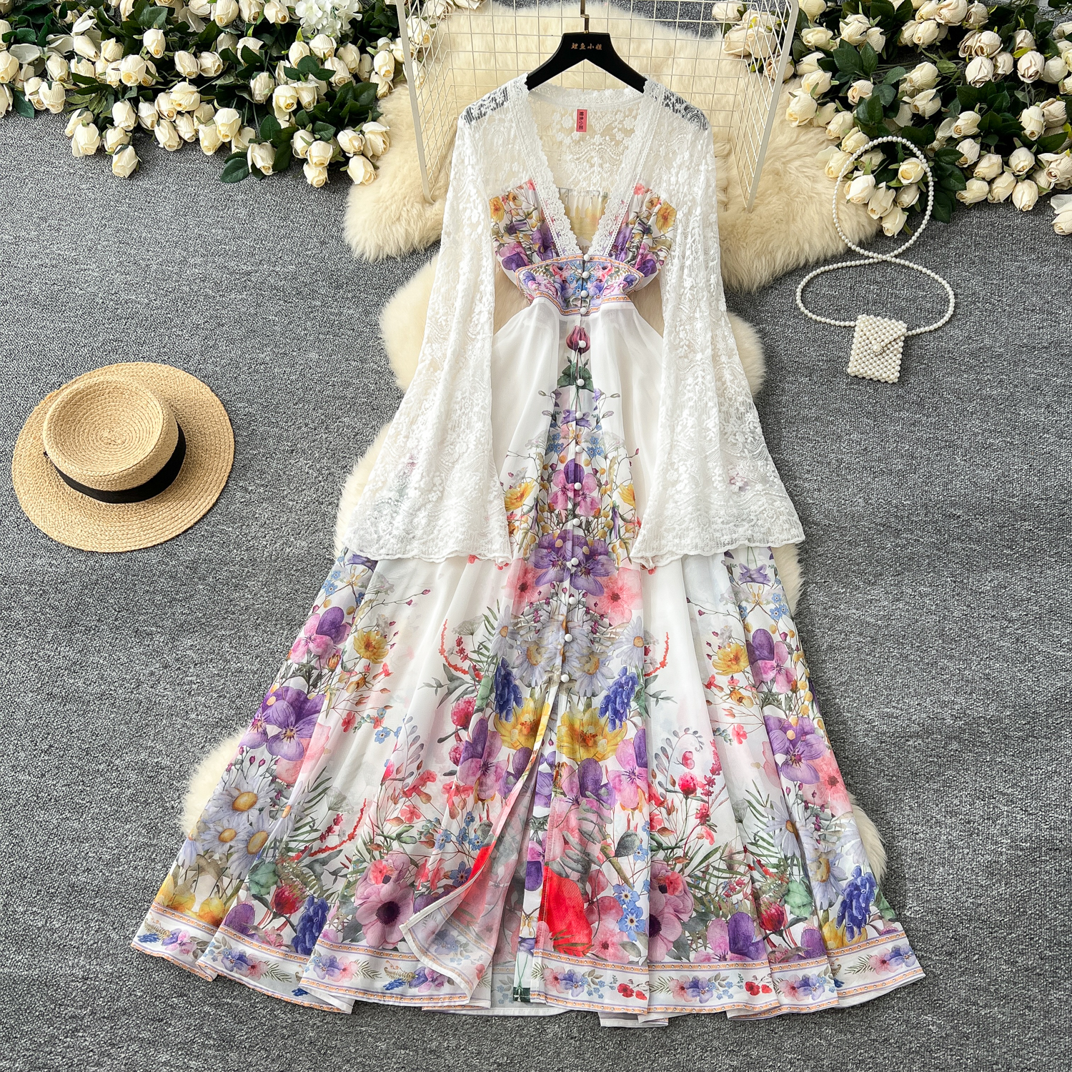 Basic Casual Dresses Summer Holiday Lace Patchwork Chiffon Pleated Dress Women's V-Neck Flare Sleeve Flower Print High Elastic Waist Runway Vesti