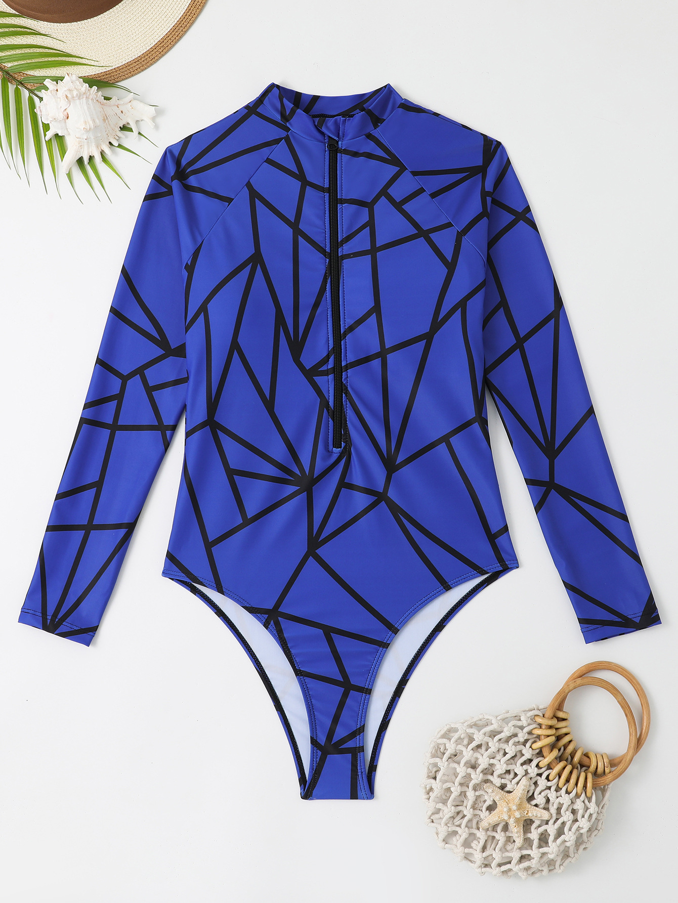 Training competitive one-piece tight fitting triangle long sleeved multi-color zipper printed surfing swimsuit for women