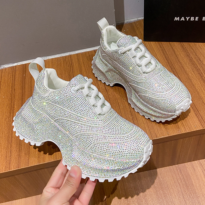 Women's Luxury Fashion Running Shoe Designer Diamond Shining Casual Sports Shoes 7cm Thick Lace-up Vulcanize Shoes Zapatos Mujer