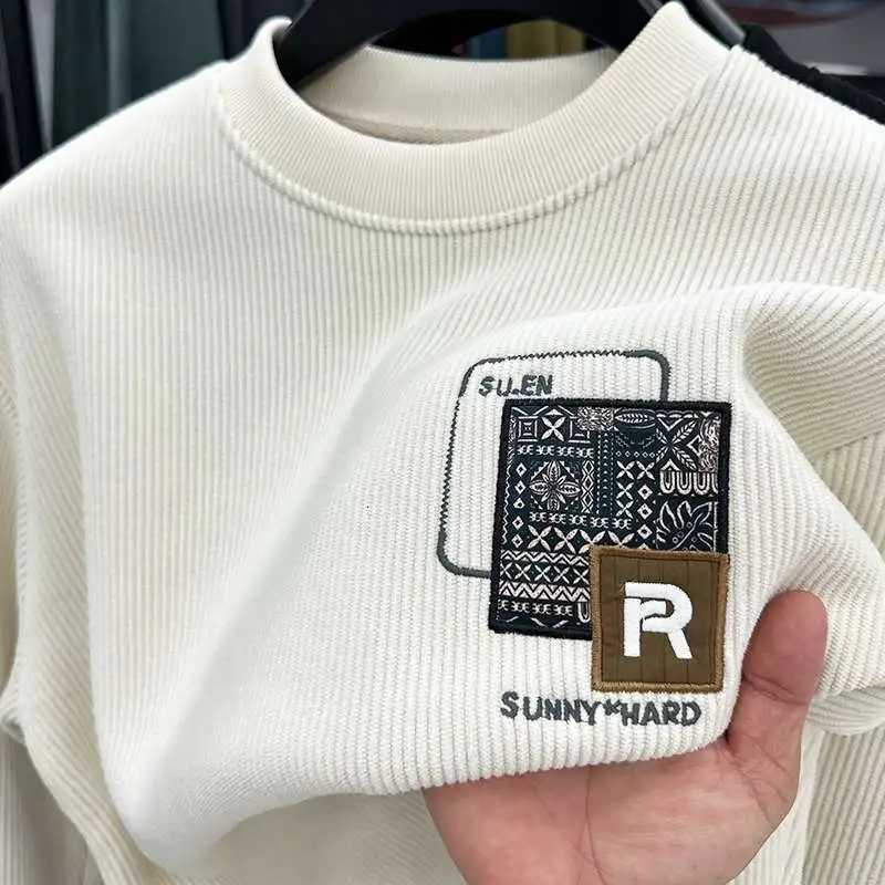 Winter Thicken Fleece Crewneck Sweatshirt Mens Corduroy Sherpa Lined Letter Print Pullover Sportswear Streetwear No Hood Hoodie W251106