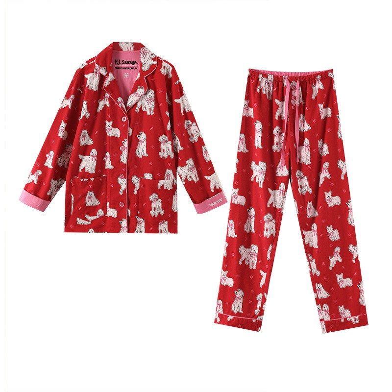 Custom New Pure Cotton 2 Piece Set Pajamas Women Print Cartoon Nightwear Long Sleeve Trousers Set Autumn Loungewear Home Clothes pjs suit