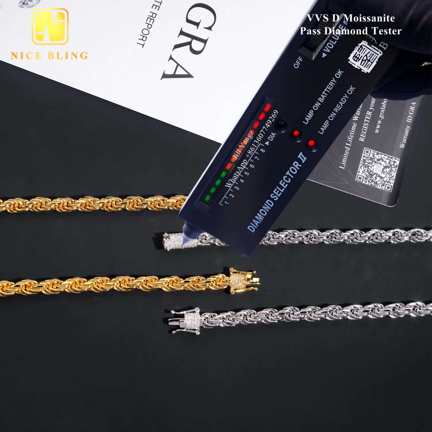 Real Gold Plated 6mm Pass Diamond Tester Stainless Steel Moissanite Rope Chain Cadena Not Tarnish