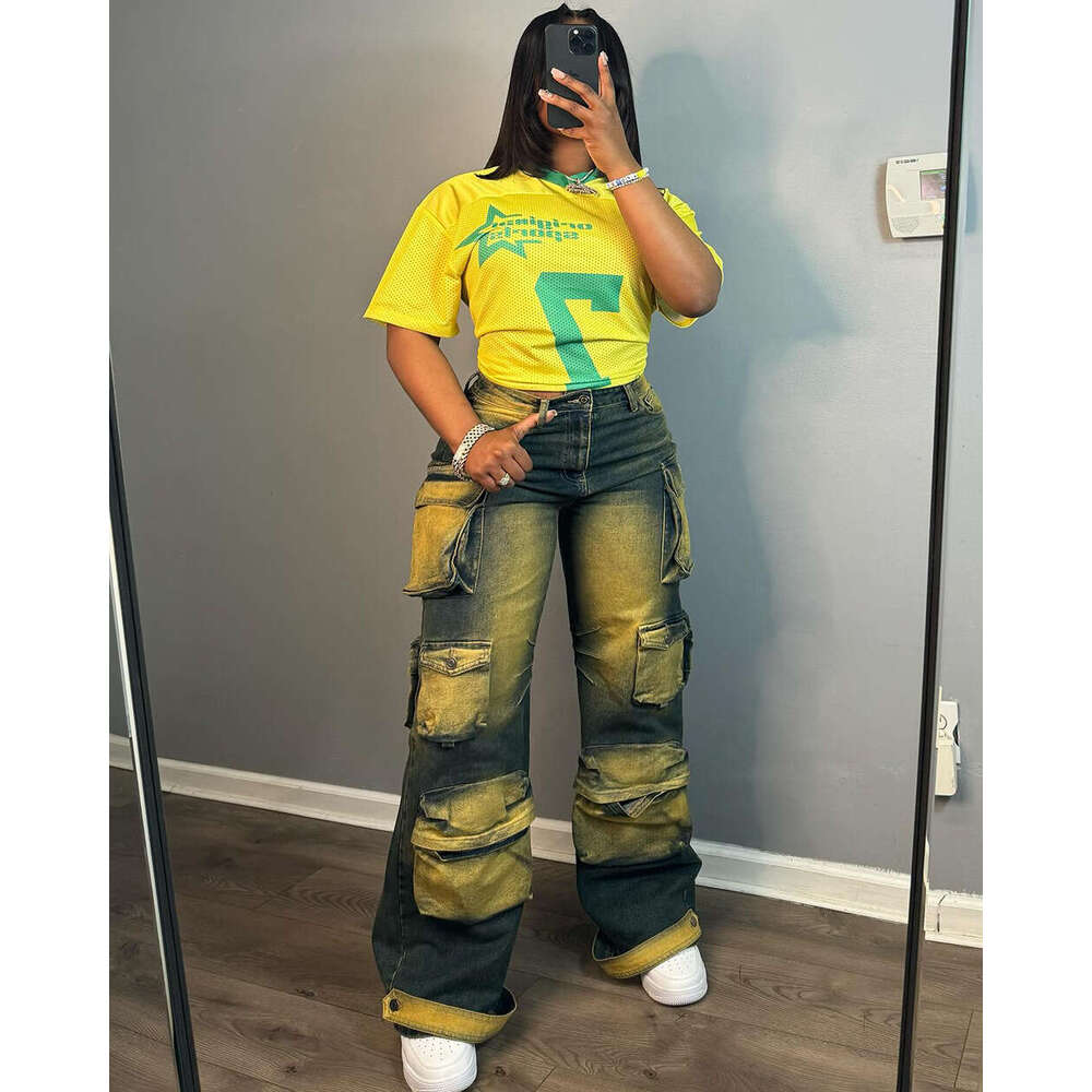 European and American Style Straight-Leg Jeans Amazon Cross-Border Women's Fashion Trendy Personality Multi-Pocket Tie-Dye High-Waist Cargo Pants