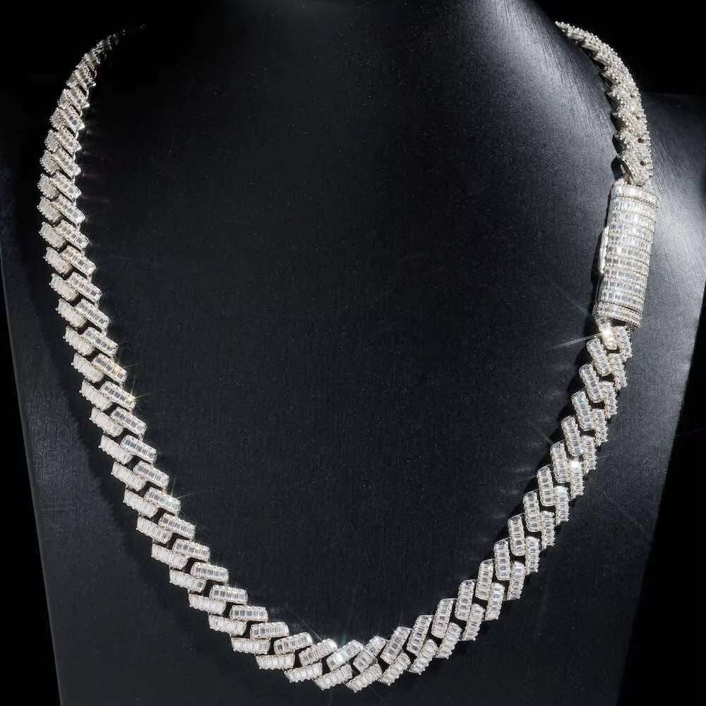 13MM White Gold Plated Baguette Stone Moissanite Cuban Link Chain For Fashions
