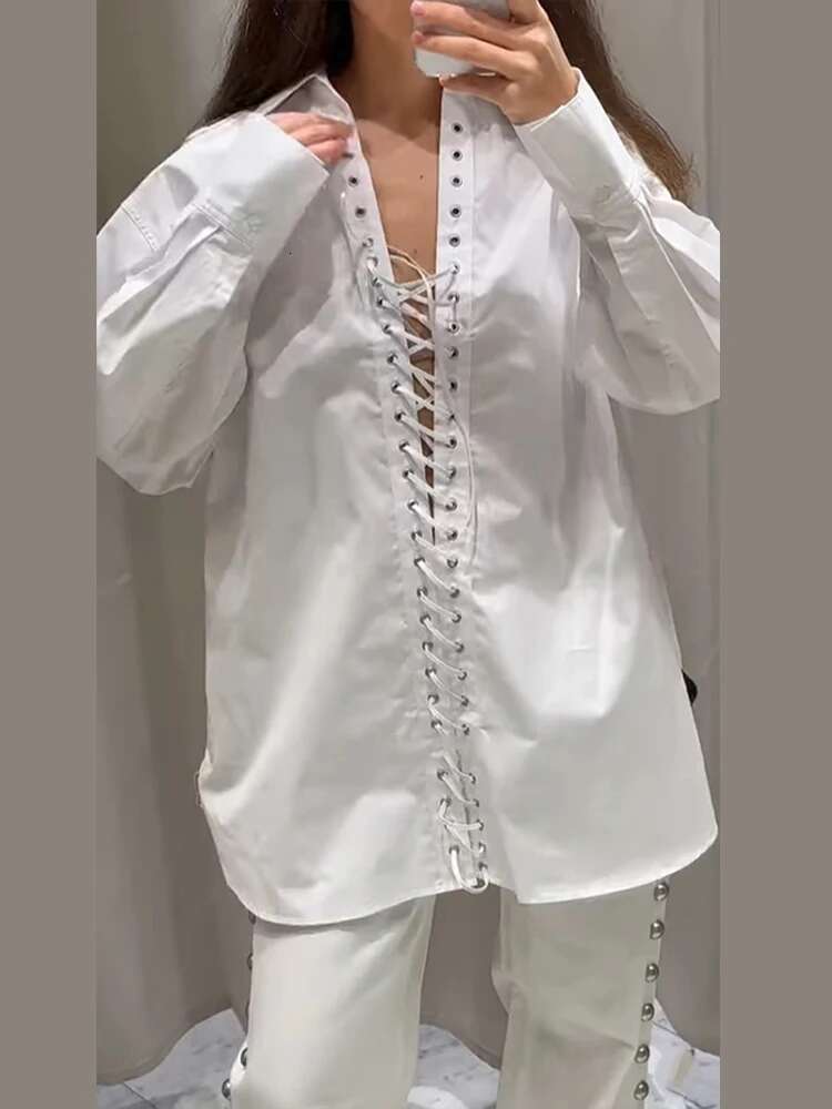 Sexy Bandage Women's Shirt Long Sleeve Lapel Loose White Female T-shirt 2025 Spring Summer Street Fashion Hollow Out Lady Tops