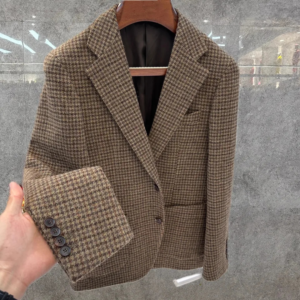 Vintage British Windsor Wool Suit Thick Autumn Winter Tweed Houndstooth Plaid Slim Fit Mens Blazer 251106
