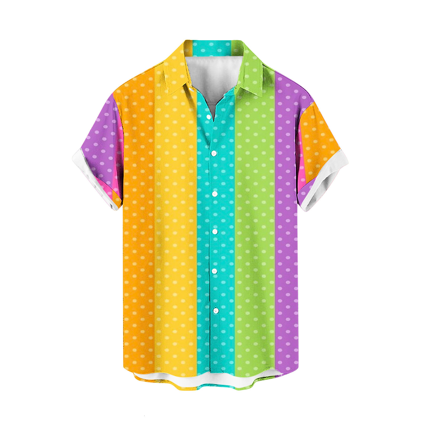 2024 Mens Spring New Four sided Elastic Collar Rainbow Printed Hawaiian Beach Casual Short sleeved Shirt
