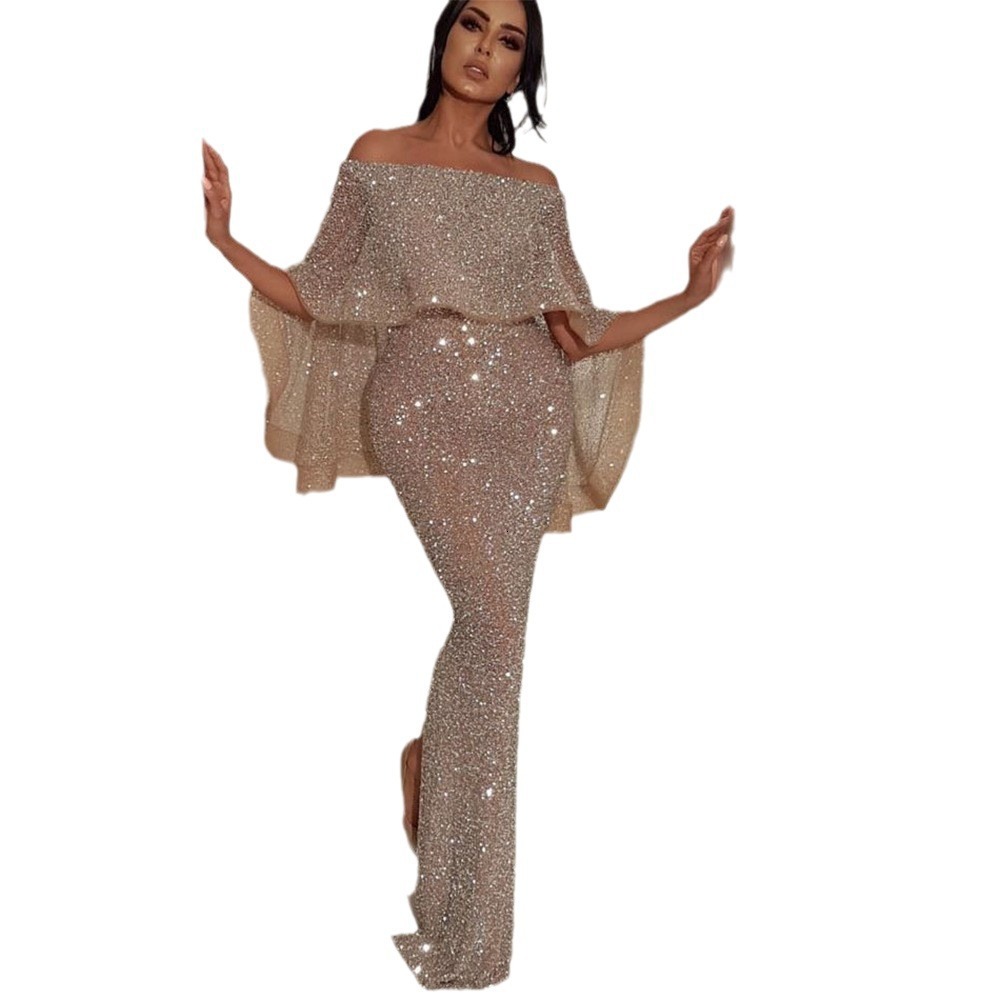 2025 New Large Ruffle Wrapped Chest One Shoulder Dress Hip Wrapped Split Evening Dress