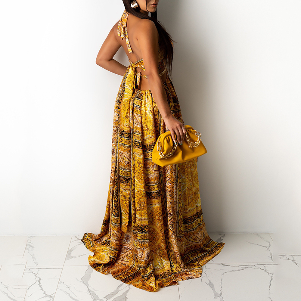 Womens 2025 New Sleeveless Printed Hanging Neck Dress with Slit Long Skirt