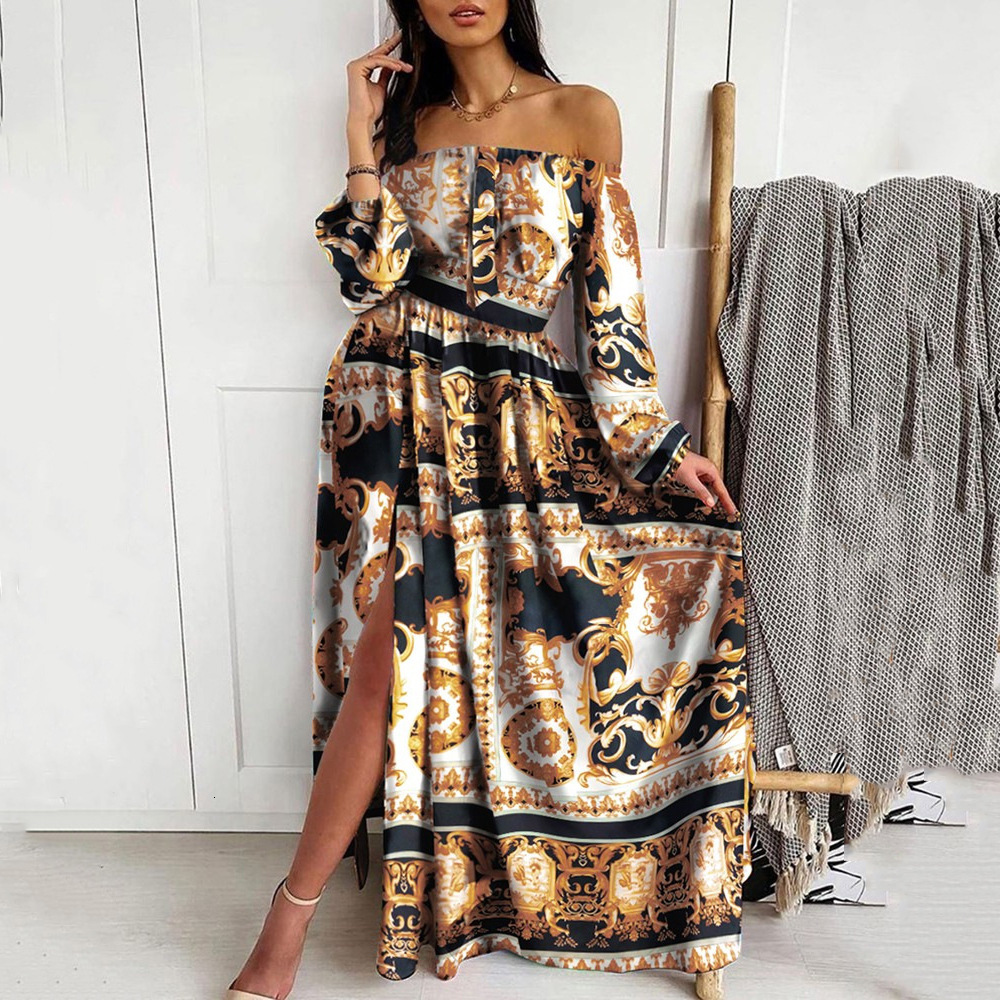 2025 New Product Dress Printed V-neck Long Sleeve Large Swing Split Skirt