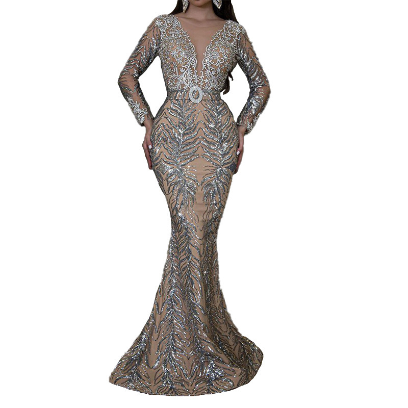 2025 New Womens Dress with Gold Plated Long Sleeves Slimming and Sexy Fishtail Floor Pulling Evening Dress