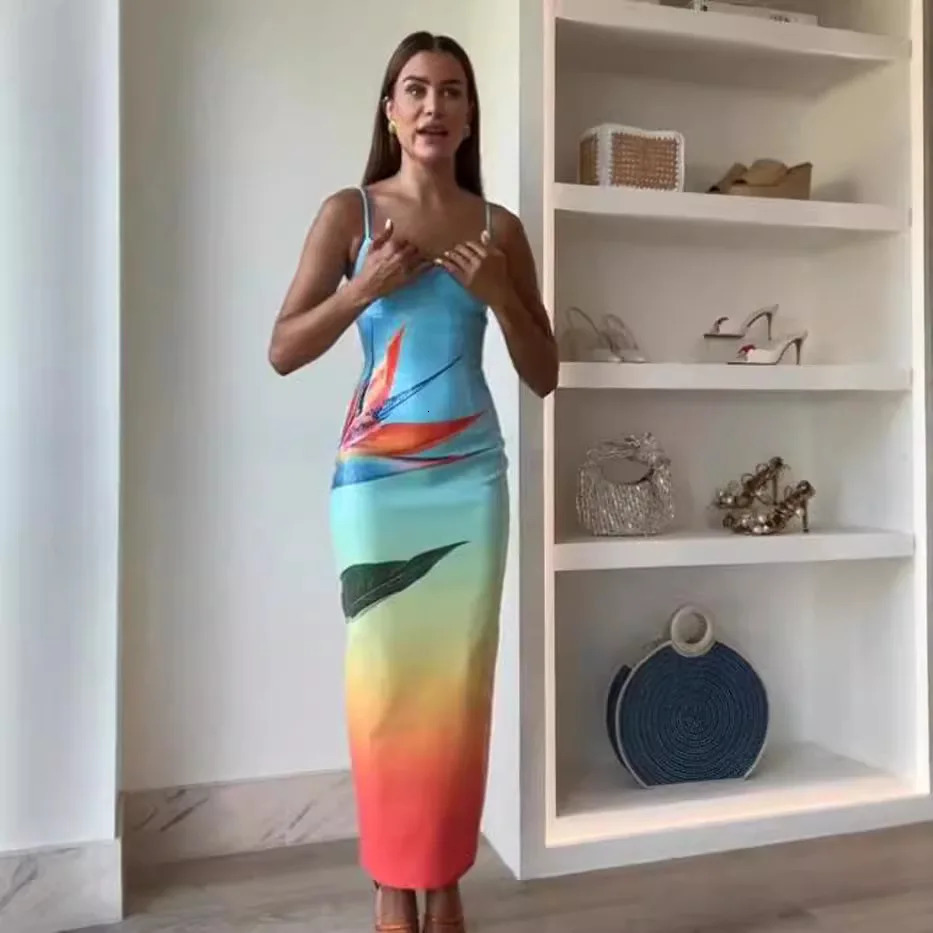 Spring/Summer Suspension Skiing Temperature Fashion Glitter Printed Dress INS Casual Party Elegant Split Dress 250401