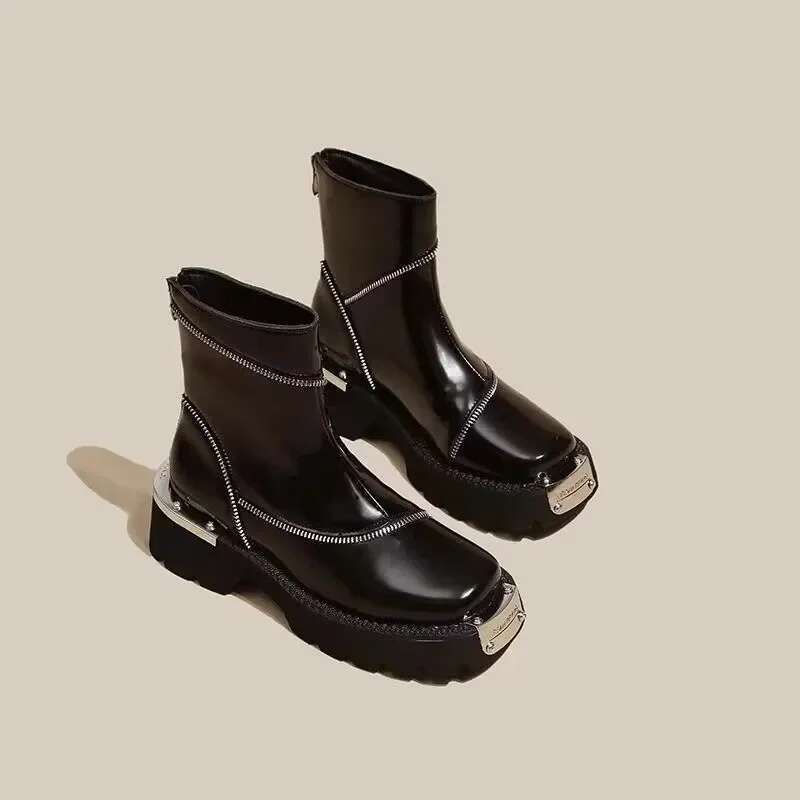 Shoes Female 2025 High Quality Zip Women's Spring Round Toe Solid Short Barrel Mid Heel Water Proof British Boots Atos
