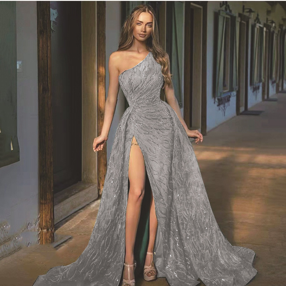 2025 Spring/summer New Womens Slant Shoulder Split Long Skirt Toast Dress Sparkling Strap Evening Dress