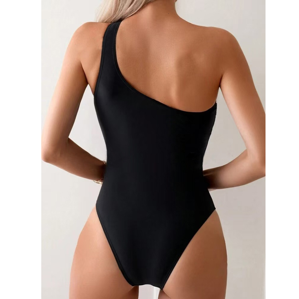 2025 new solid color one-piece triangle single shoulder tight swimsuit for women, Huludao