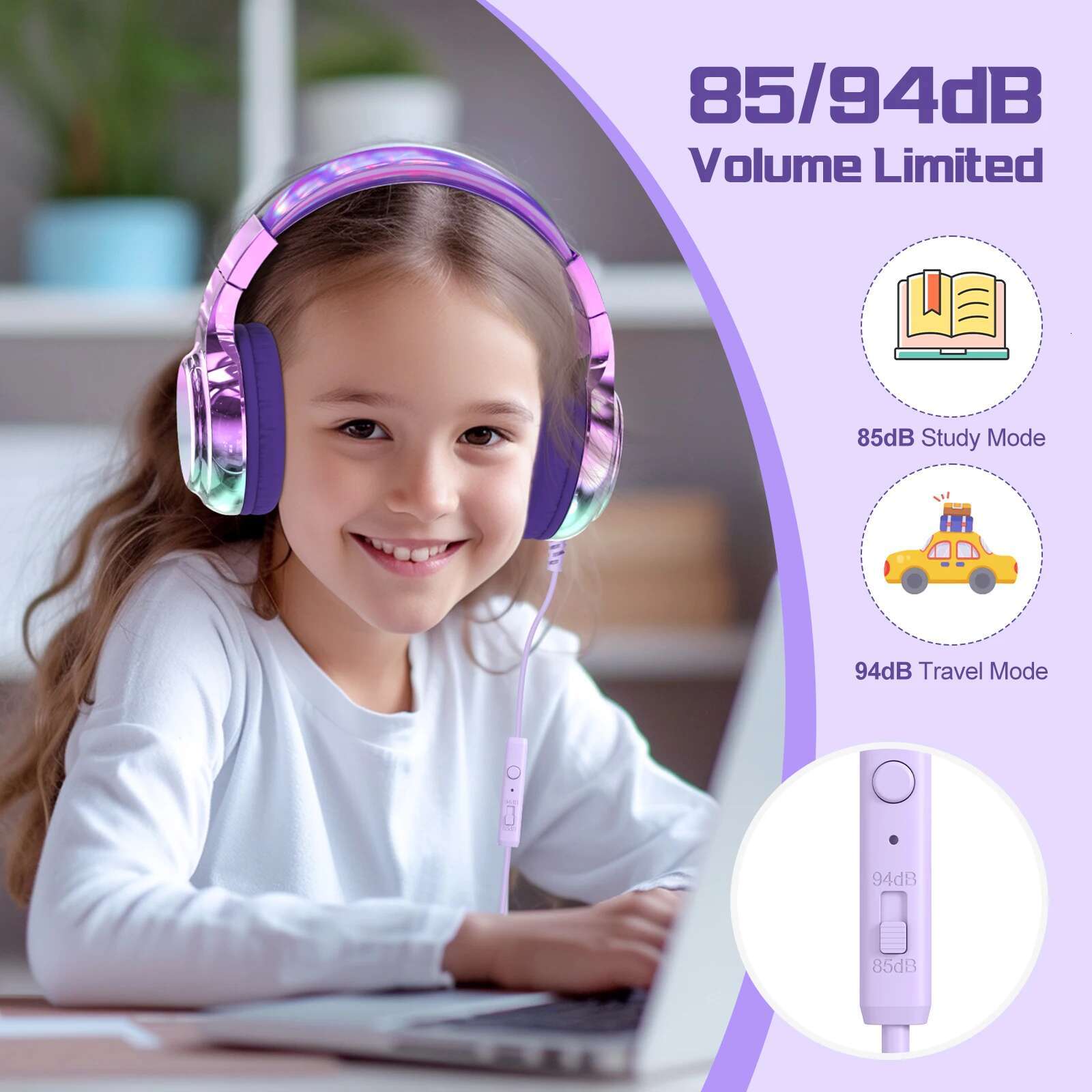 Wired Kids with Microphone 85/94dB Volume Limiter for Girls Boys Foldable Headphones