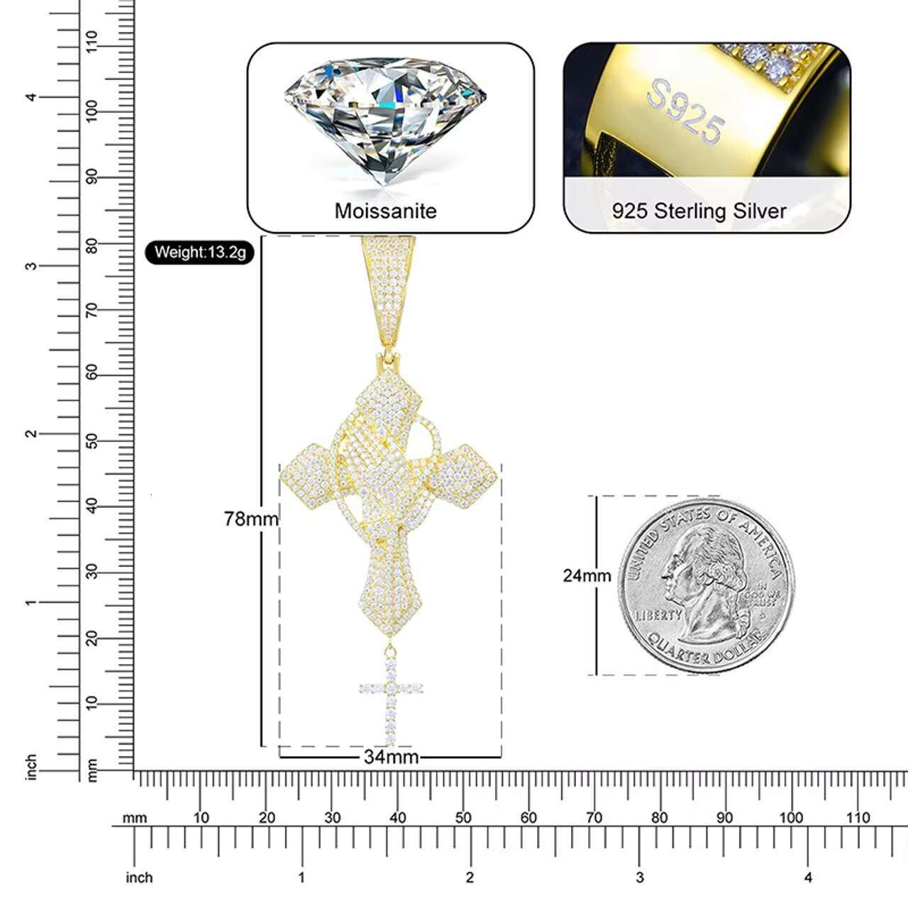 Mens VVS Genuine Diamond Moissanite Hip Hop Cross Chain Pendant Prayer Hands Holding Rosary Pendants Charms