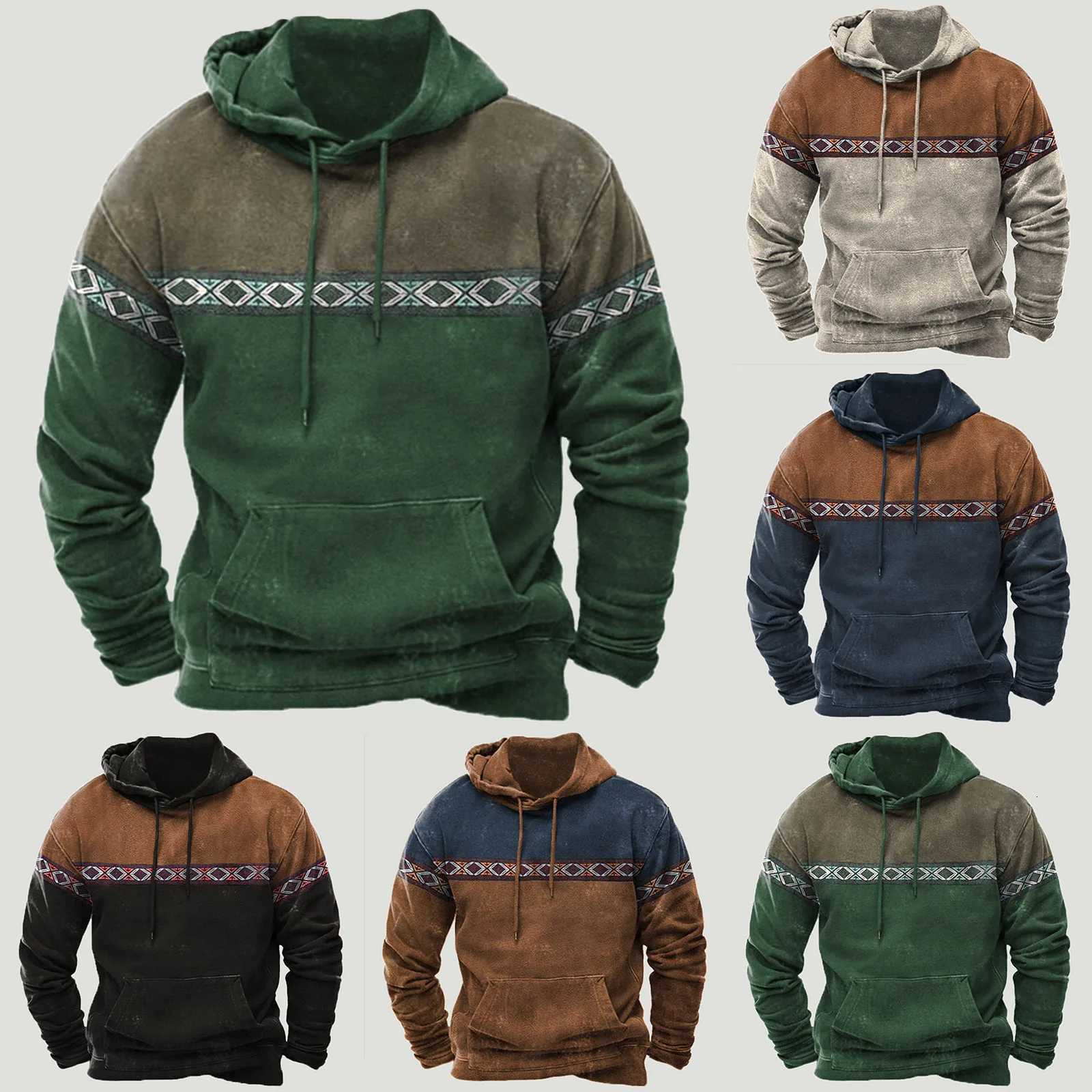 2026 Ethnic Hoodies Mens Clothing Style Patchwork Autumn Winter Fashion Casual Hooded Sweatshirts Drawstring Sweatershirt W251106