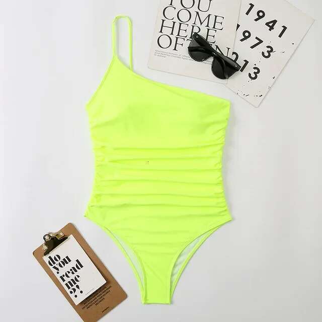 2024 Sexy Shoulder One Piece Swimsuit 2022 Women Solid Black Neon Green Push Up Padded Bathing Suit Pleate Swimwear Monokini