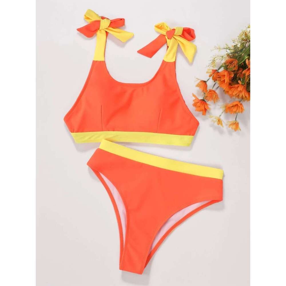 Orange Patchwork Two Piece Swimsuit Women's High Waist Bandage U-neck Bikini Set Suspender Lace-up Backless Beach Swimwear 2024