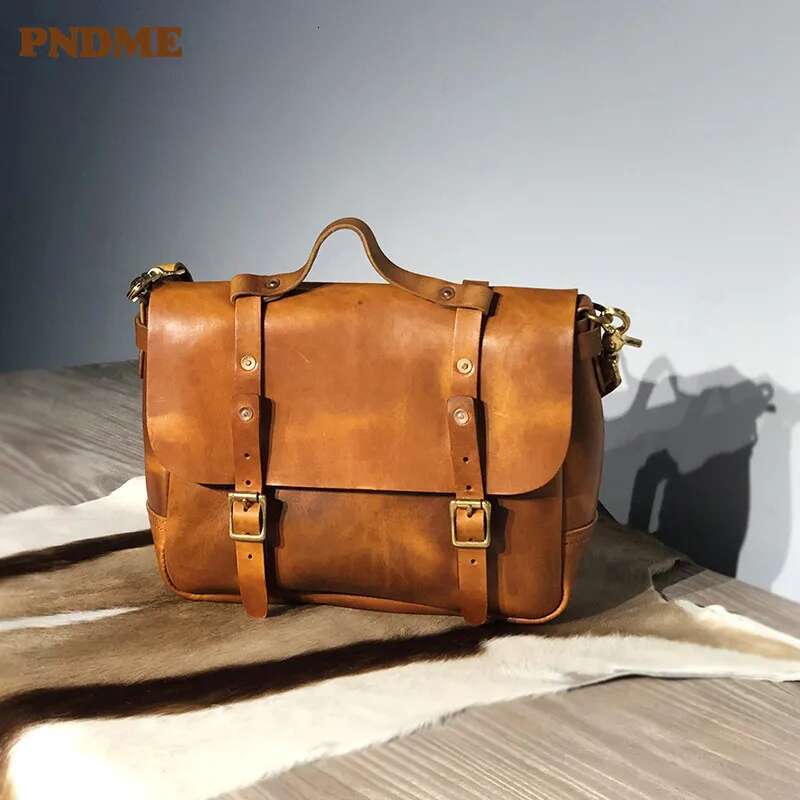 PNDME Designer High-Quality Genuine Leather Men's Messenger Natural Real Cowhide Outdoor Travel Tablet Shoulder Bag