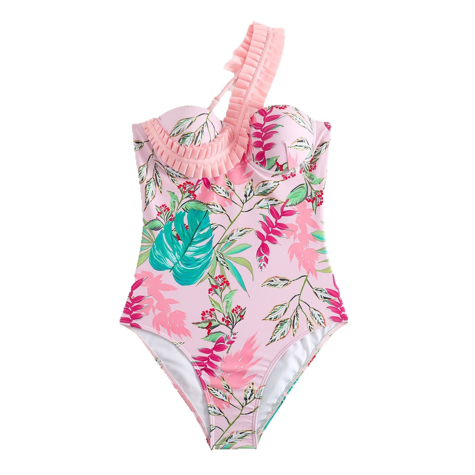 Unified women's 2025 new ruffled pleated single shoulder floral swimsuit