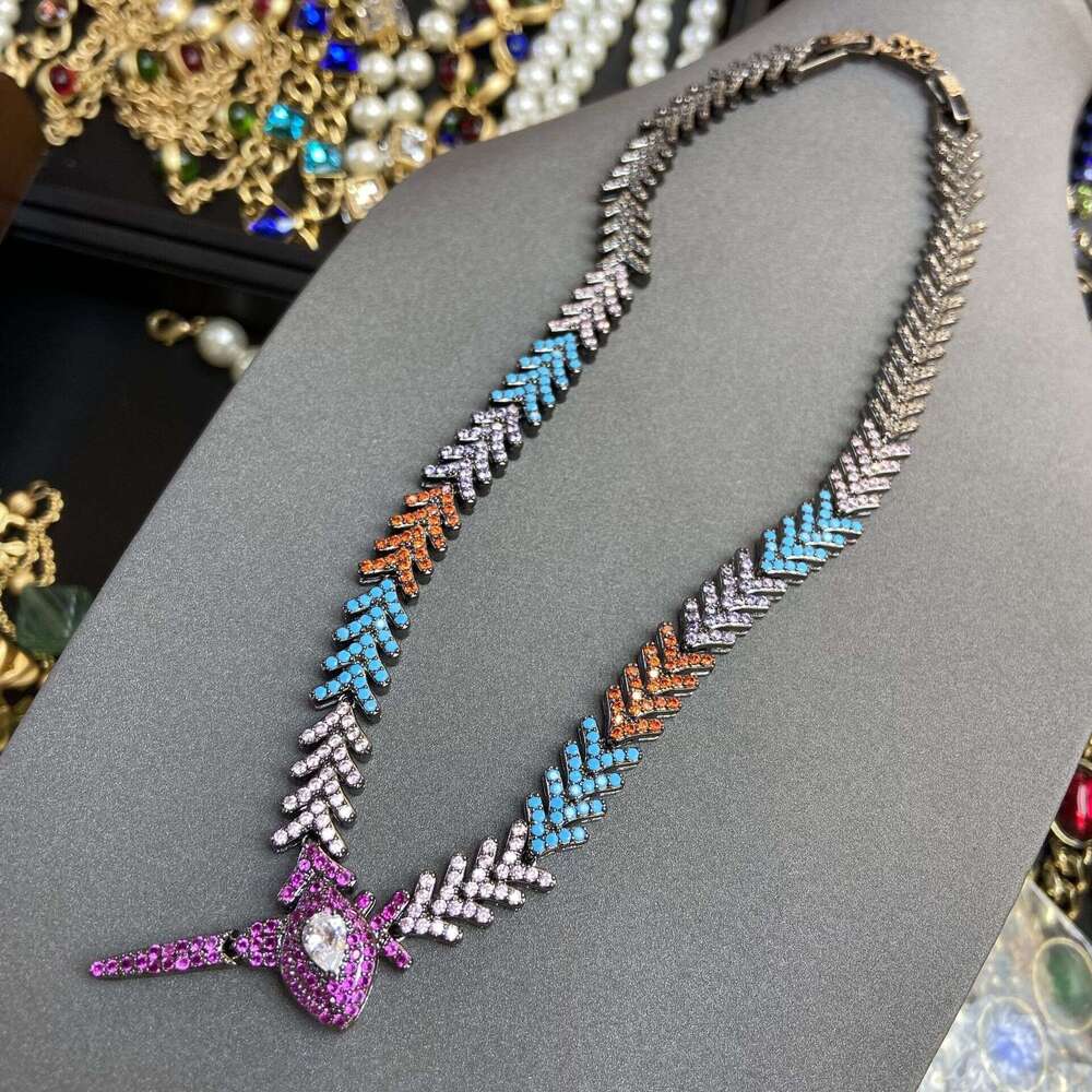 Hot Item Hip-Hop Trendy Jewelry Sets Necklaces Rhombus Cuban Chain Colorful Zircon Splicing Snake Tail Personality Necklace