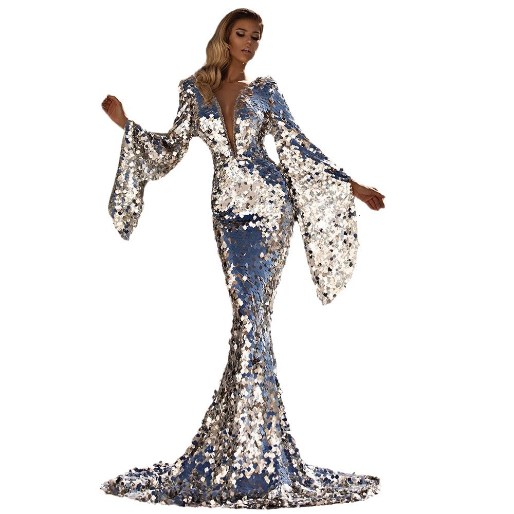 2025 New Womens Dress Sexy Glitter Silver Banquet Dress with Hip Wrap Evening Dress