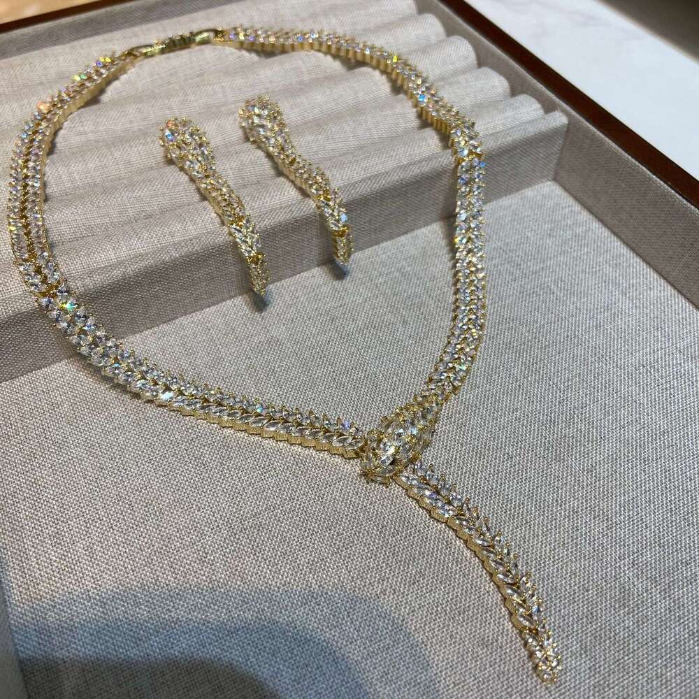 Luxurious Heavy Craft Pink Prom Performance Necklaces gold Micro Inlaid Party Dress Matching Elegant Earrings Set