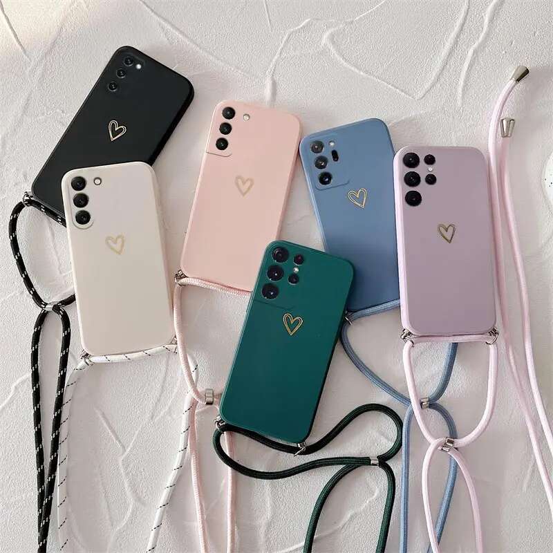 Crossbody Lanyard Silicone Phone Case For Samsung Galaxy S20 S22 S23 S24 S10 Note 10 20 Plus Ultra S21 Fe Love Heart Cover