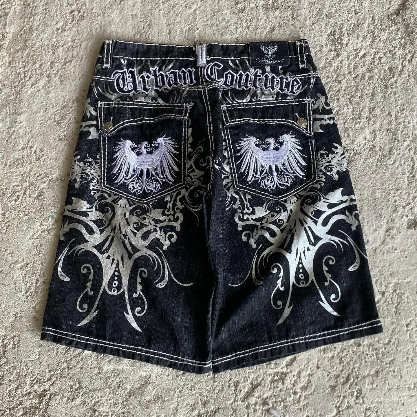American retro Gothic mens denim shorts embroidered loose unisex shorts Y2K printed Korean casual couple shorts 250401
