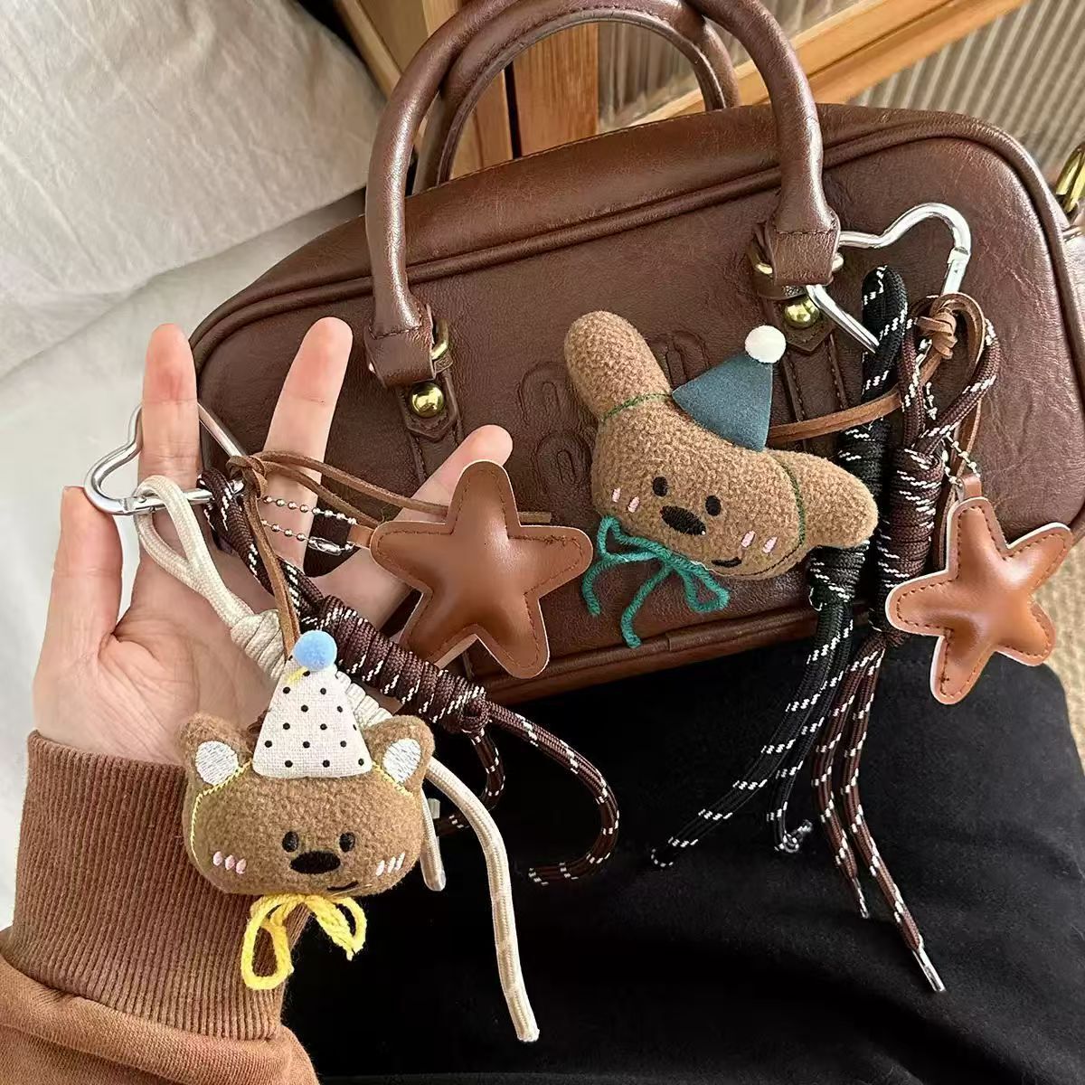 designer bag charm fashion series bag hanging cartoon plush bear doll pendant highend coffee color backpack bead chain keychain accessory