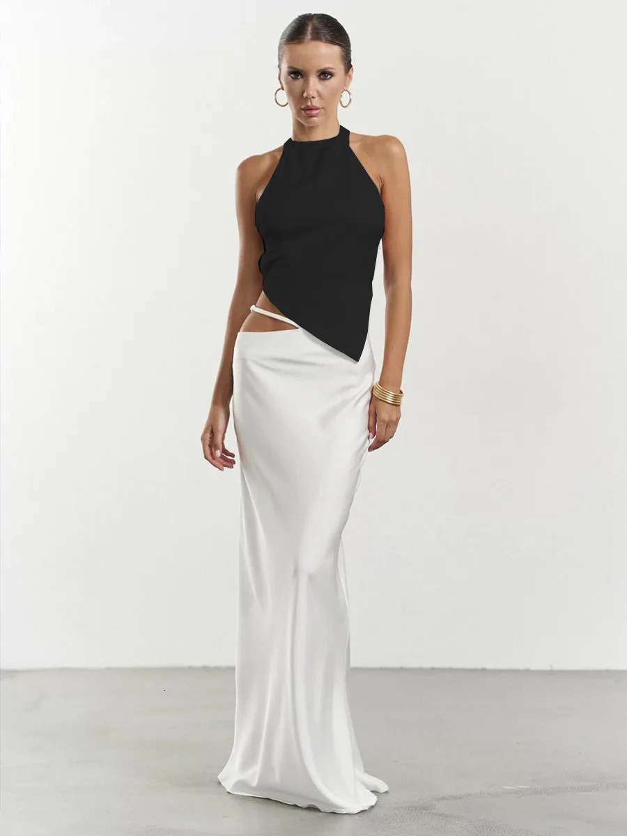 Solid color halterneck bandeau top long skirt Europe and the United States summer shoots sexy backless womens clothing 250402