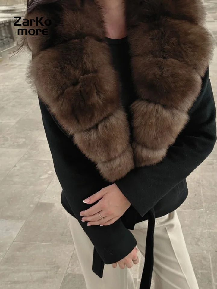 Fashion Fur Spliced Lace Up Woolen Coat Women Lapel Full Sleeve Belt Chic Jacket 2025 Autumn Winter Lady Warm Outwears 251106