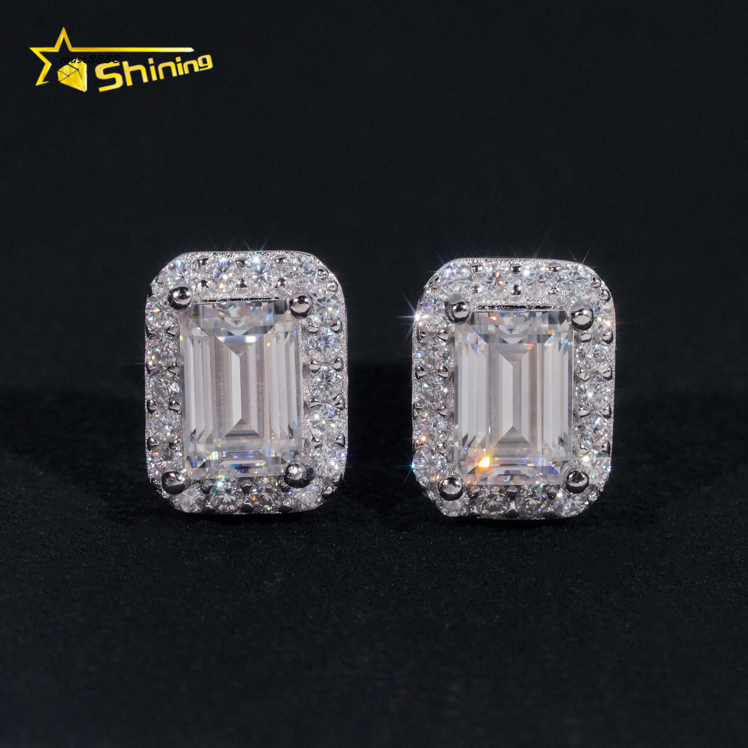 New Arrival Hip Hop Design Iced Out Emerald Cut Moissanite Stud Earrings Men Fine Sterling Silver Earrings Jewelry