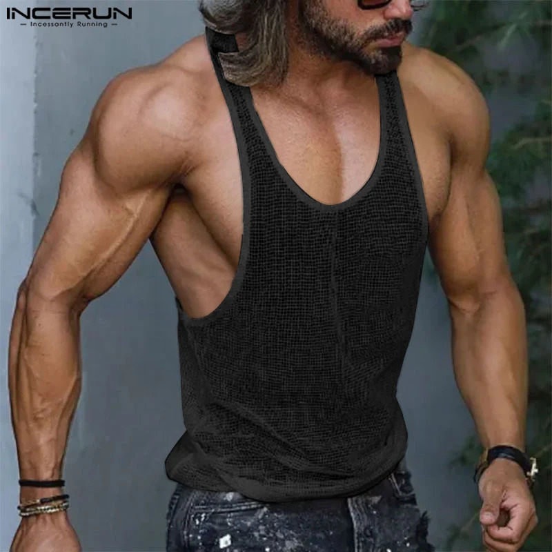 INCERUN Mens Tank Top Mesh Transparent O-Neck Sleeveless Sexy Street Vest Summer Breathable Mens Clothing S-5XL 250403