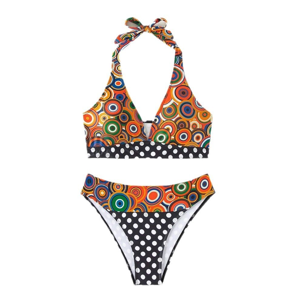 2025 Fashion Split Triangle Women's Printed Splicing Neck Strap High Waist Sexy Bikini Swimsuit Women