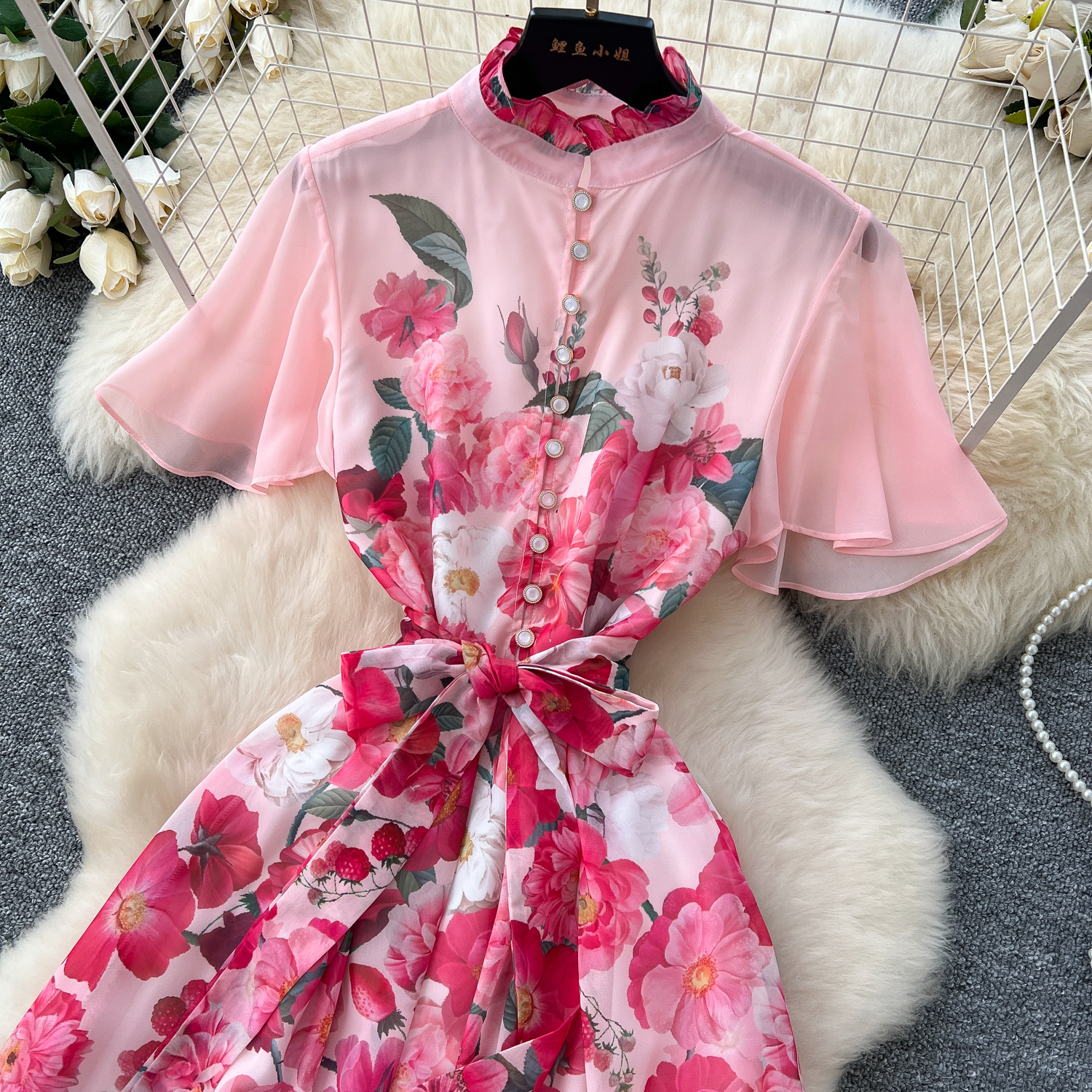 Basic Casual Dresses Summer Ruffles Chiffon Holiday Chiffon Dress Women's Stand Batwing Sleeve Gorgeous Floral Print Lace Up Belt Long Party Vest