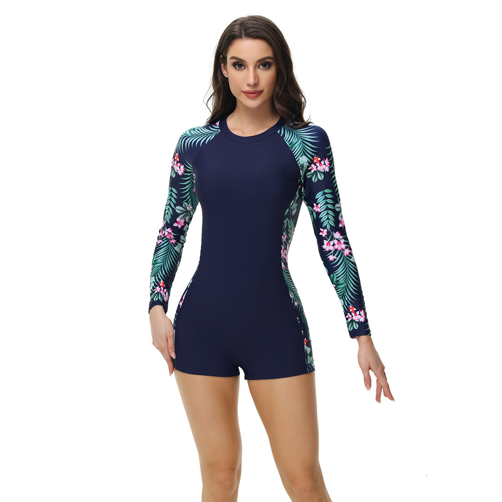 New long sleeved jumpsuit with flat corner shorts for surfing, women's beach sun protection, sports, basketball training, racing swimsuit