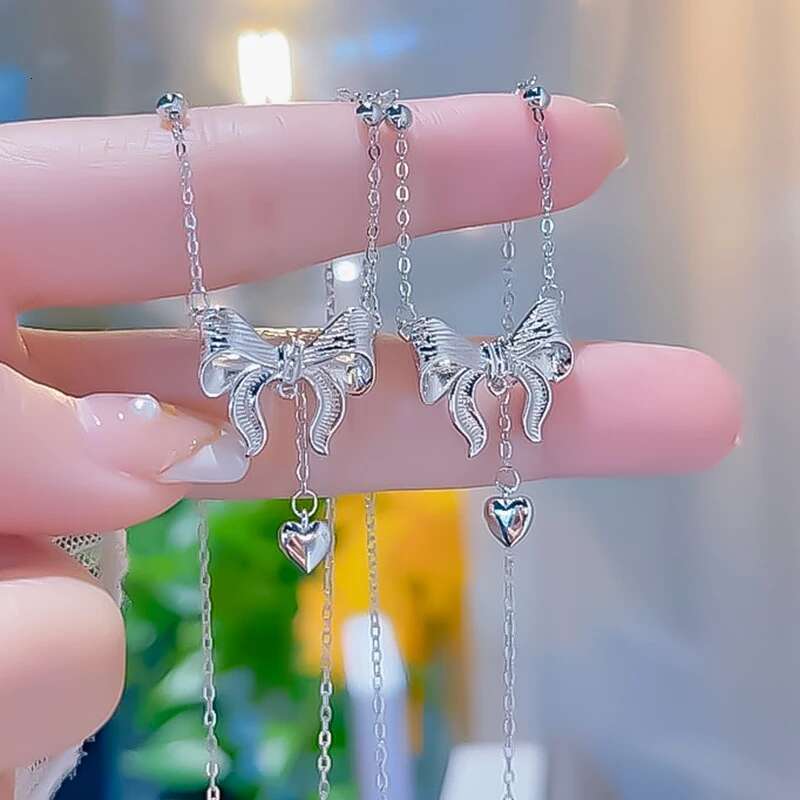 Sterg Sier Exquisite Bow Heart Pendant Necklace Beads Chain Fine Accessories For Women Wedding Party Gifts NK181