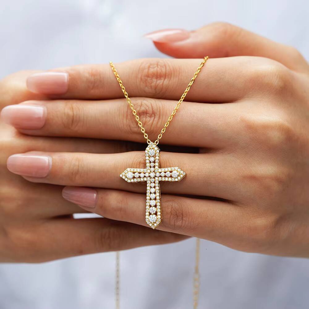 Hip Hop Diamond Moissanite Cross Necklace for Women S925 Sterling Silver Real 14K 18K Gold Plated Necklace Pass Diamond Tester