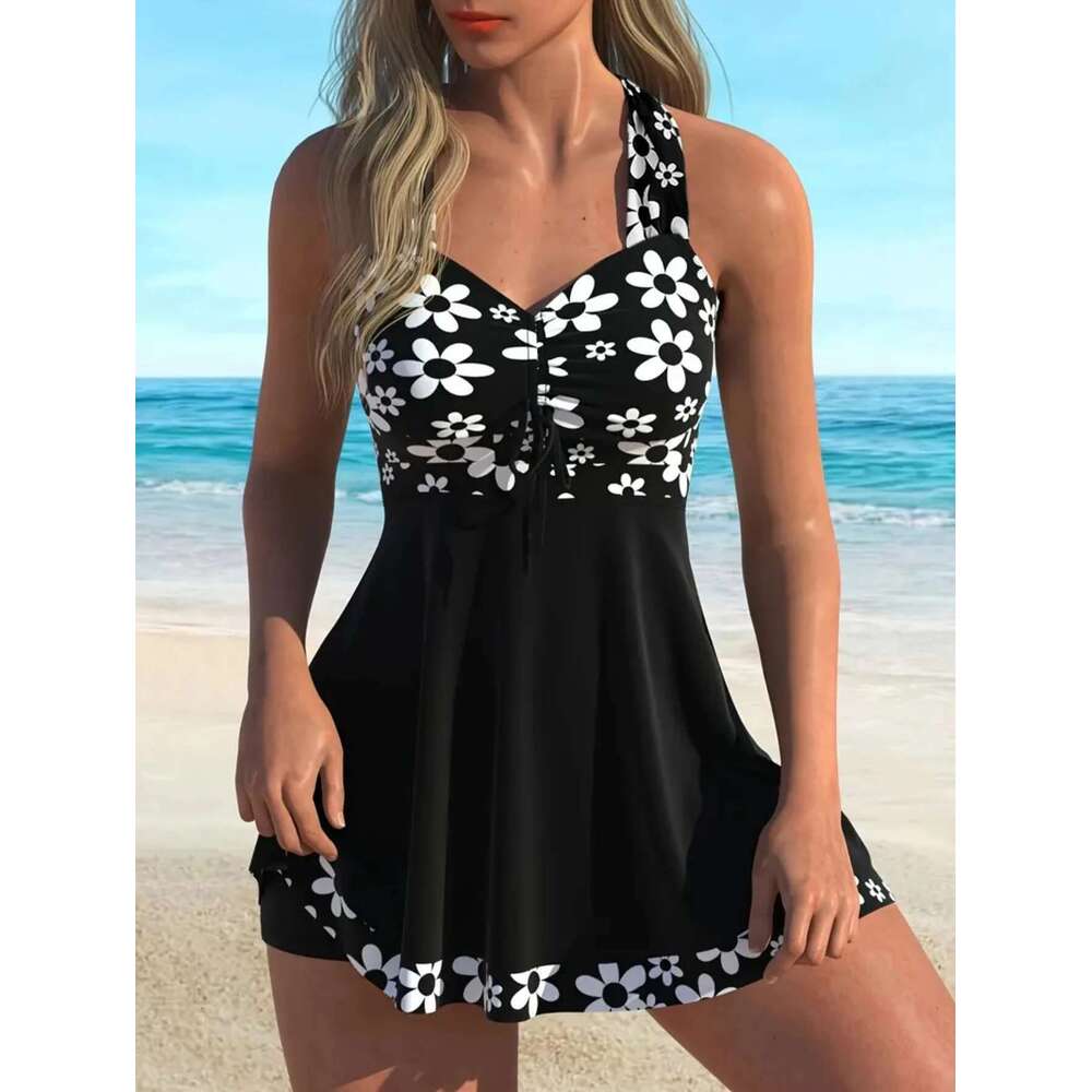 Vintage Black wer Print Skirt Bikini Set 2025 Front Bow Crop Top Bathing Suit Swimwear Women's High Waist Swimsuit Tankini
