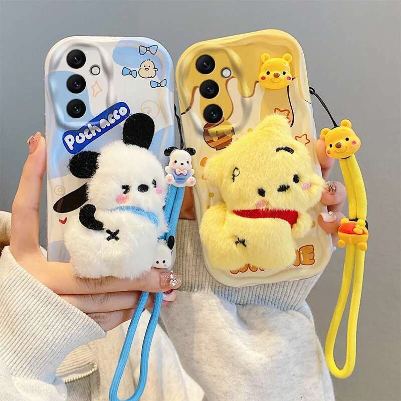 3D Cartoon Kitty Bear Fur Phone Case For Samsung Galaxy A52S A32 A12 A13 A23 A33 A53 A14 A15 A24 A34 A54 Wavy Toy Strap Cover